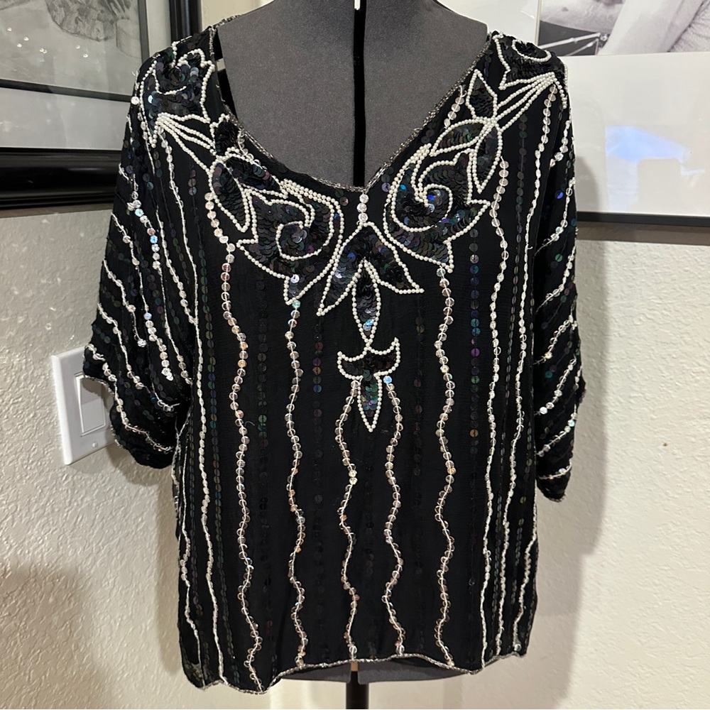 VINTAGE Black Silk Beaded Sequin Pearl Top Art Deco V-Neck Blouse M-L